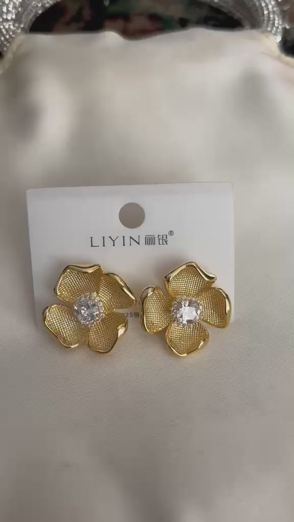 Camellia Gold Blossom CZ Studs